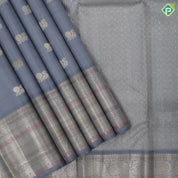 Steel grey silver gold zari Annam butta design self silver gold zari multi lines meena work border traditional Navratri silk saree