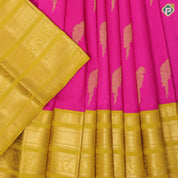 Rose pink gold zari parrot butta design manthulir green gold zari multi lines border pattu paavadai lehanka