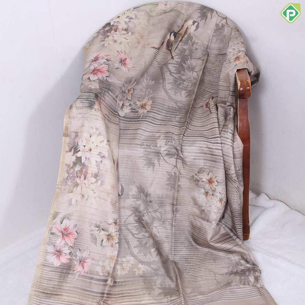 Army green base twitter bird and floral design zari edge fancy cotton saree