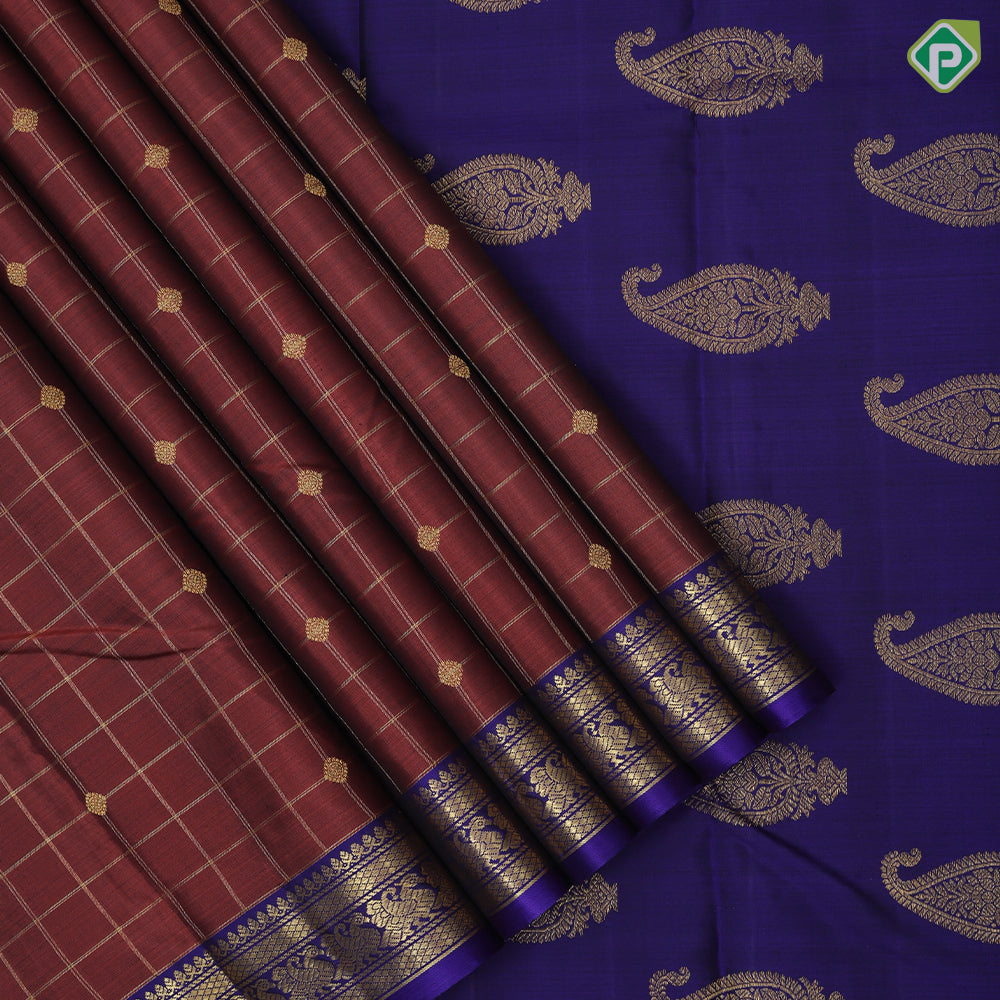 Rust color gold zari checks with rudraksham butta berry blue gold zari peacock edge border traditional silk saree