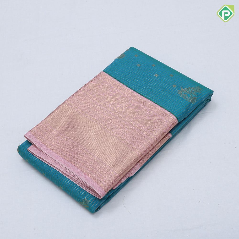 Rust color gold zari stripes and flower creeper butta sea blue gold zari peacock butta border art silk saree