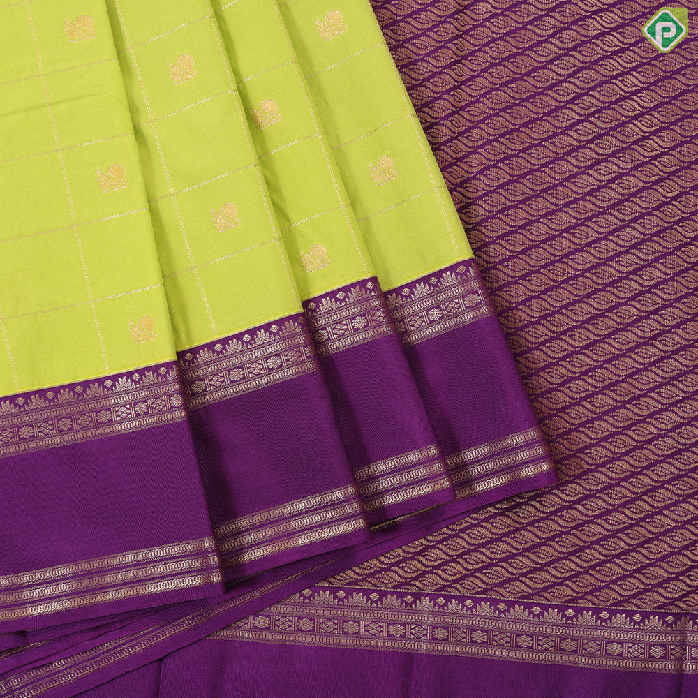 Parrot green gold zari checkered peacock butta design contrast purple rettapet border art silk gift saree