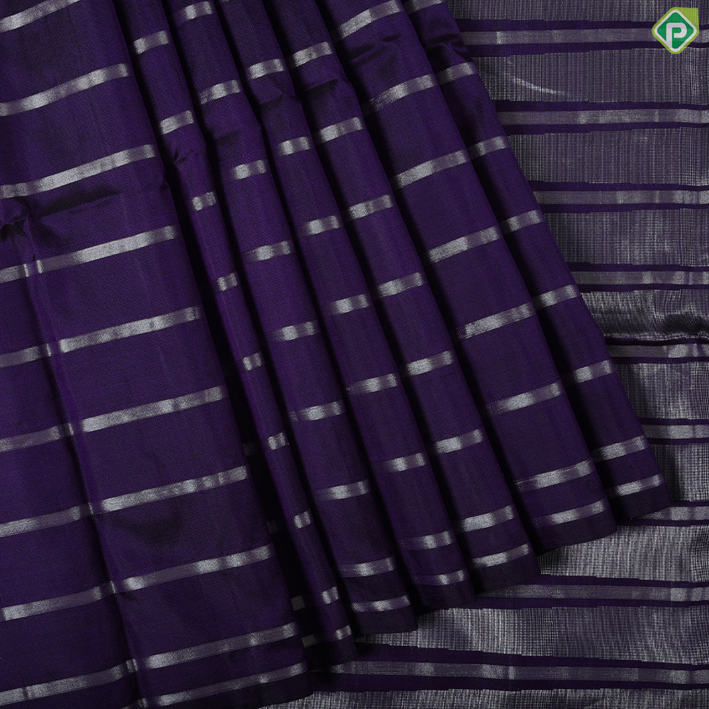 Olive green silver stripes design borderless soft silk saree