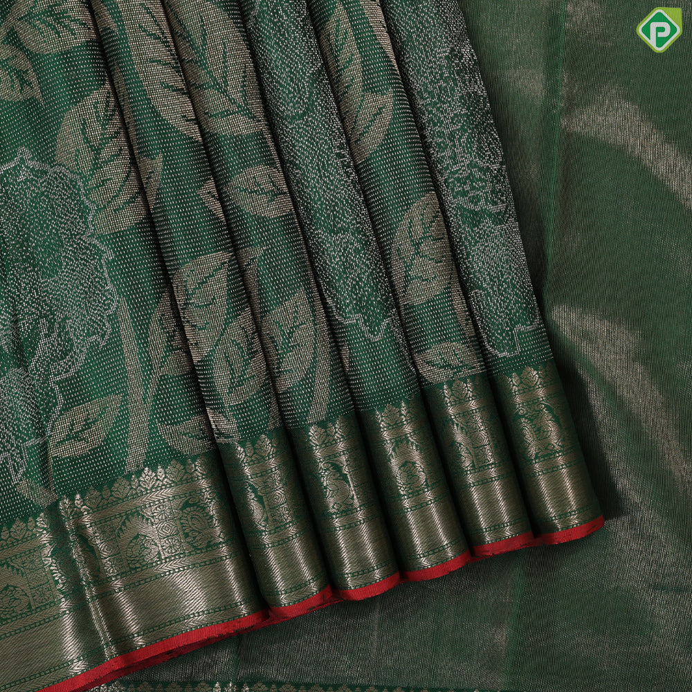 Bottle green silver and gold zari big floral with leaves design self gold zari border trendy designer silk saree