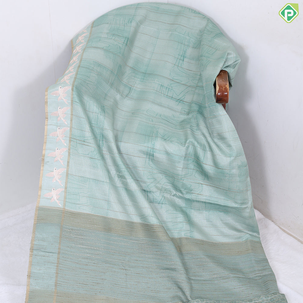 Mint green geometric design zari vairaoosi lines self colour flying fish embroidered fancy cotton saree