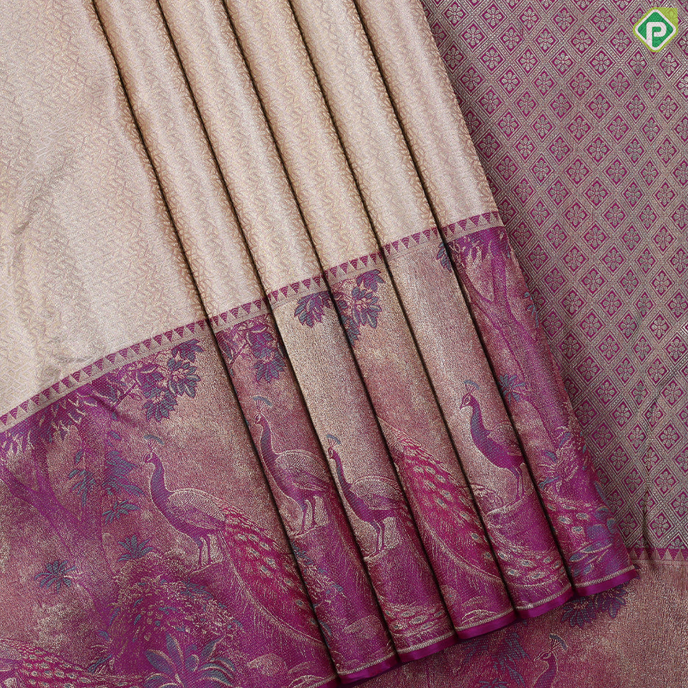 Pista green gold zari zig zag crystal design purple peacock under tree art effect trendy tissue silk saree