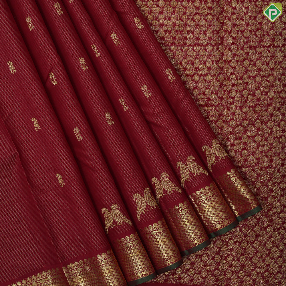 Beetroot gold zari vairaoosi fancy mango double parrot butta self gold zari green edge border traditional silk saree
