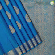 Peacock blue gold zari self designed thilagam butta self color gold zari edge border traditional silk saree