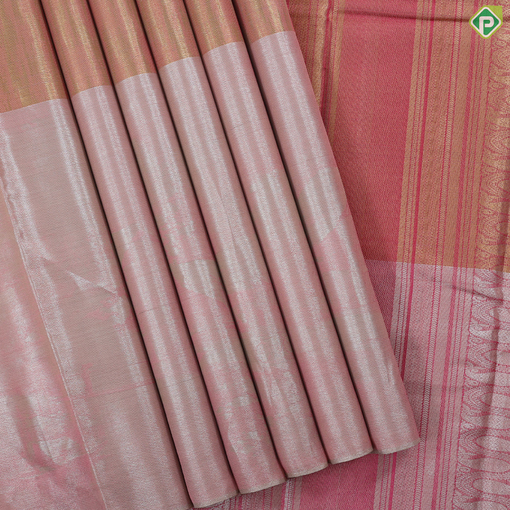 Peach pink gold zari grains tissue zari by zari tissue weaved design Baby pink border trendy silk saree
