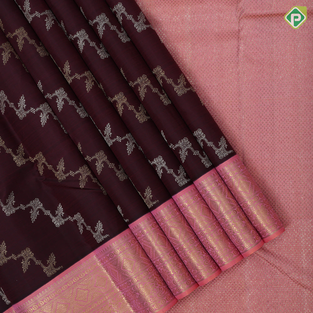 Brown Colour Gold Silver Zari Floral Design Baby Pink Peacock Border Design Trending Fancy Silk Saree