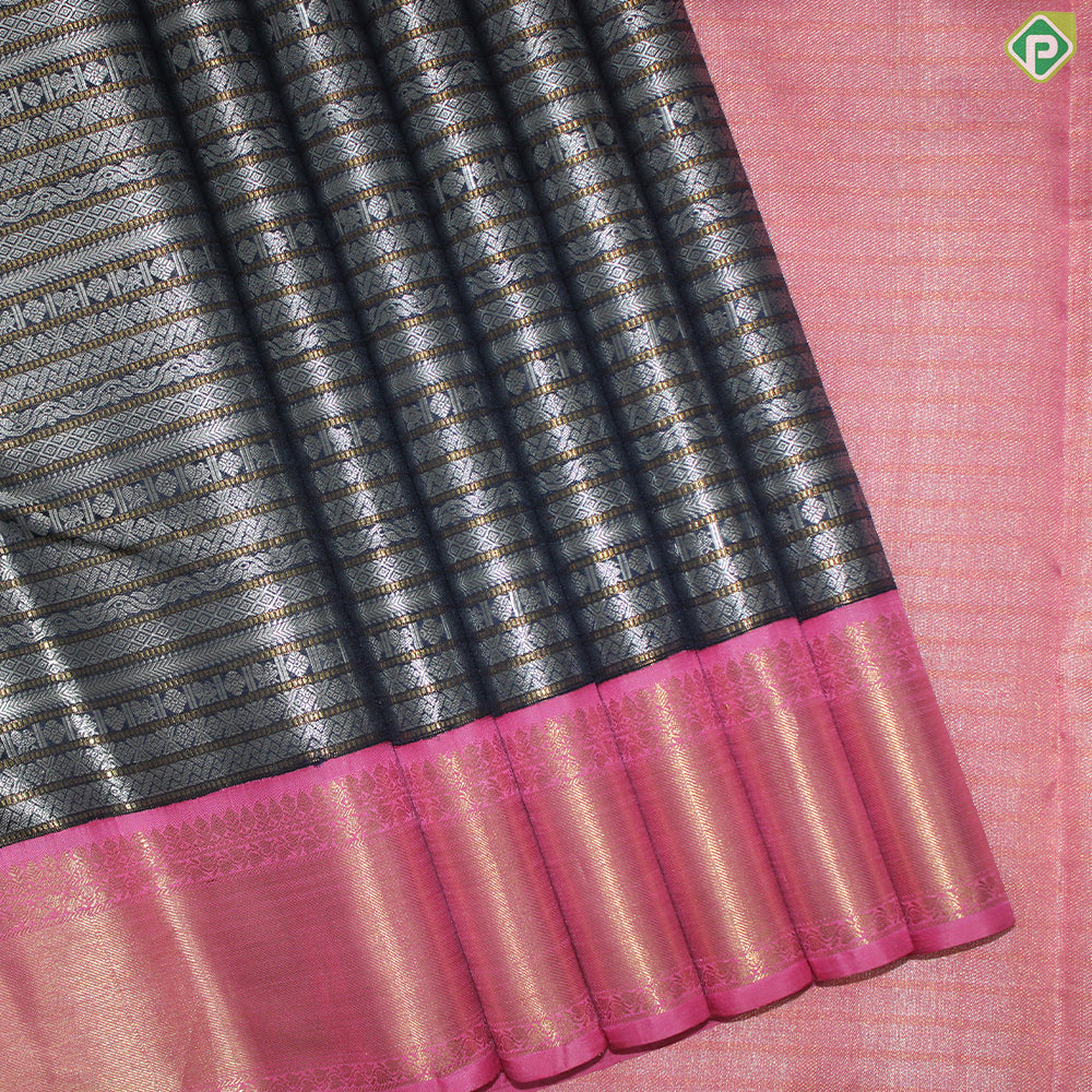 Dark Navy Blue Silver And Gold Zari Veldhaari Design  With Pink Color Border Traditional Silk Saree