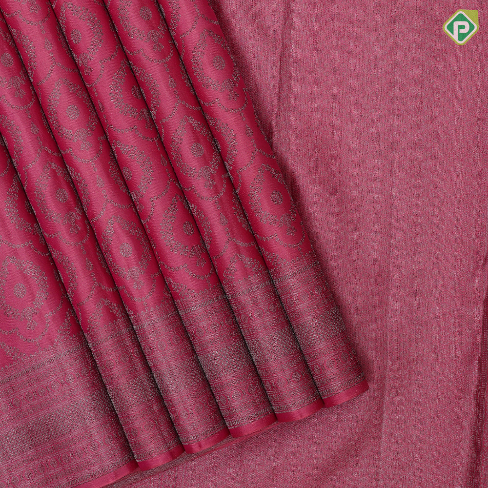 Magenta pink neem zari self thilagam design self color multi lines border self weaved silk saree