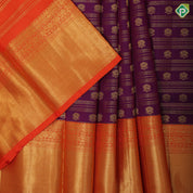 Purple gold zari lines and flower butta lines orange gold zari border pattu paavadai lehanka