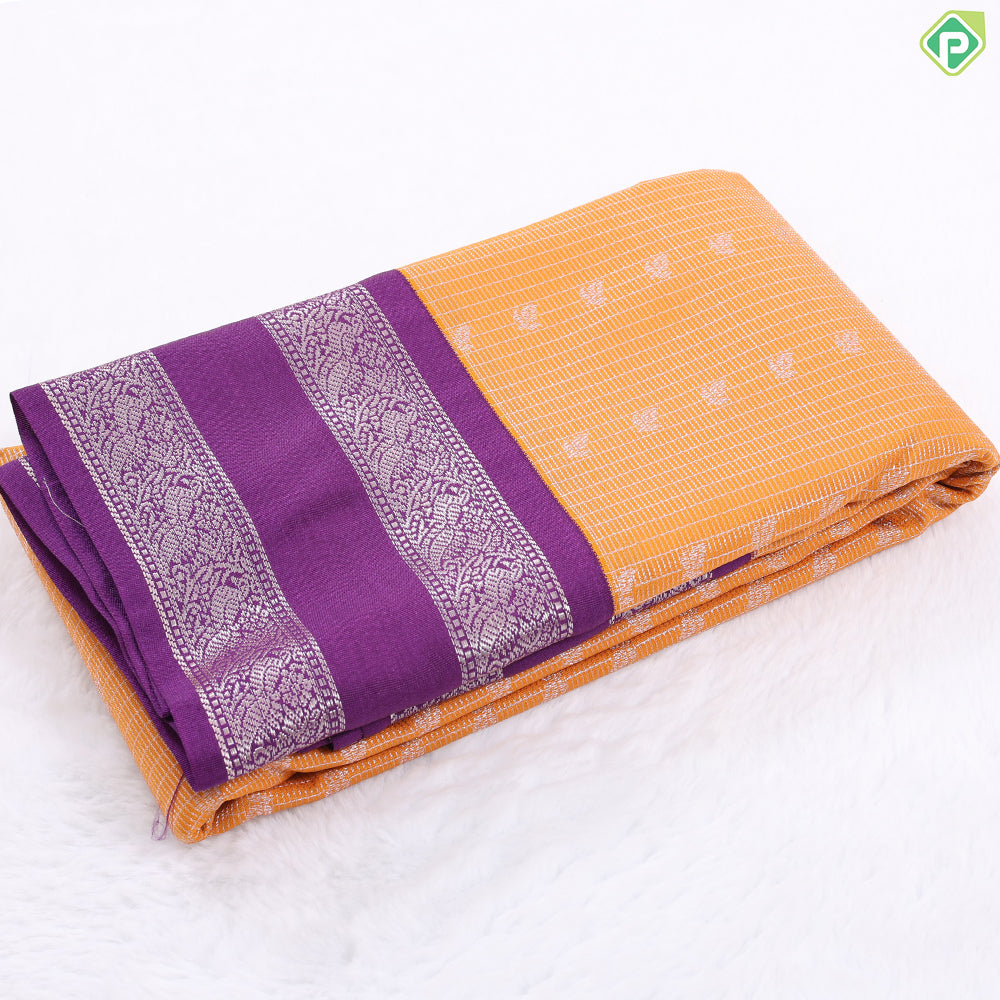Honey orange silver zari stripes butta design contrast purple rettapet border art silk gift saree