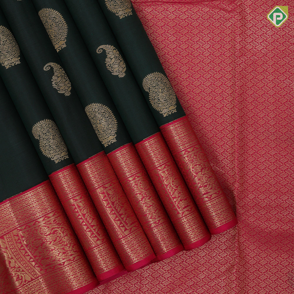 Bottle Green Gold Zari Manga Butta Design Rani Pink Mayilkan Horse Border Design Traditional Silk Saree