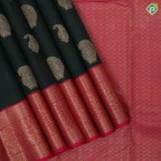 Bottle Green Gold Zari Manga Butta Design Rani Pink Mayilkan Horse Border Design Traditional Silk Saree