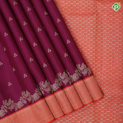 Dark purple silver gold zari tri star butta design contrast orange silver gold zari fancy design border trendy designer silk saree