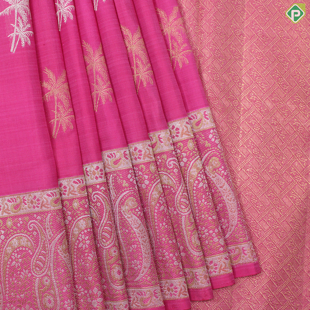 Dark Pink Gold And Silver Zari Coconut Tree Motif With Self Color Gold And Silver Zari Mango Design Border Traditional Silk Saree