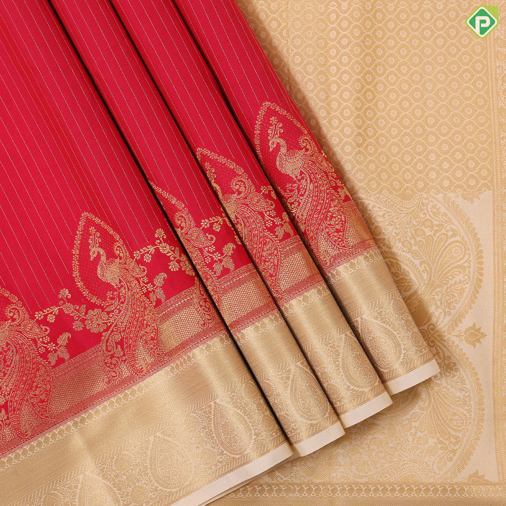 Tomato red gold zari stripes peacock design contrast cream gold zari thilagam border art silk gift saree