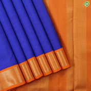 Royal blue plain weaved design contrast orange gold zari mayilkan border madisar 9 yards silk saree