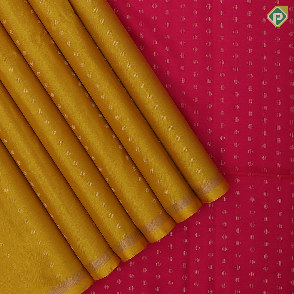 Mustard yellow gold zari dots lines self gold zari line border contrast pink gold zari dot pallu soft silk saree