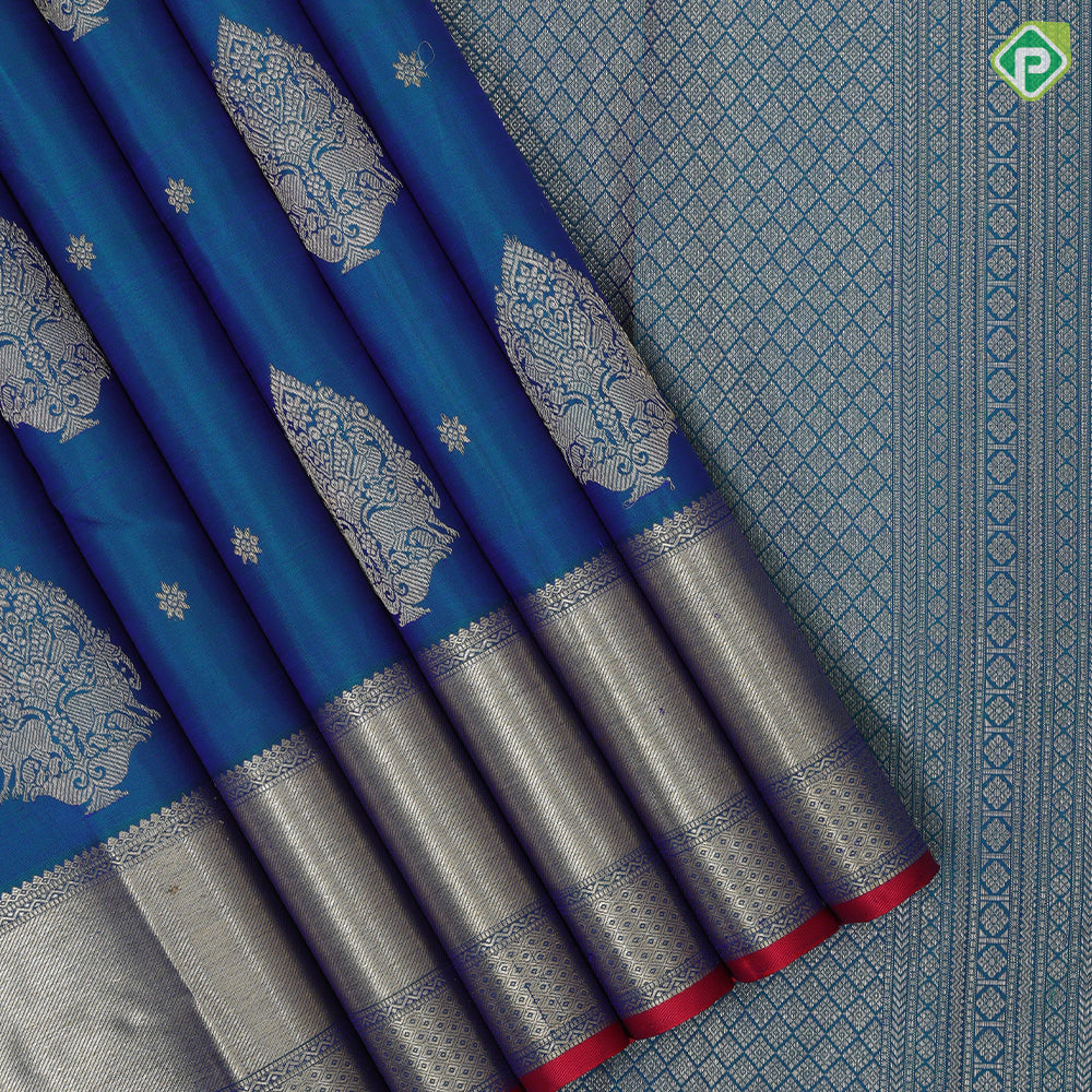 Peacock Blue Gold Zari Yazhi Peacock Design Self Colour Mayilkan Border Design Traditional Silk Saree