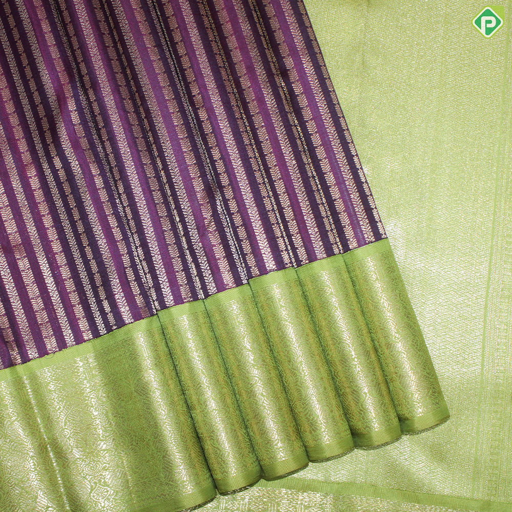 Purple With Gold Zari Stripes Contrast Green Border Traditional Silk Saree