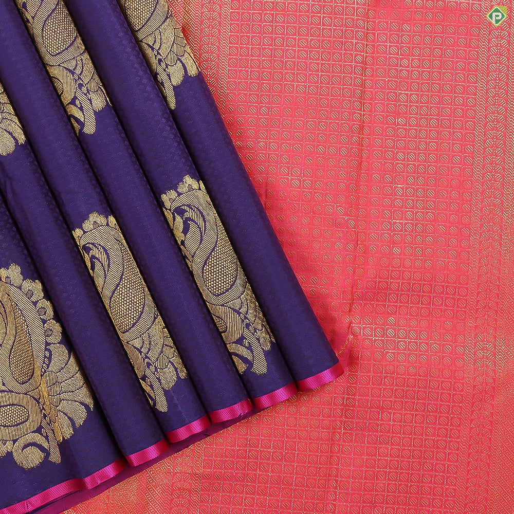 Indigo Blue With Gold Zari Big Mango Floral Design Edge Border Trendy Designer Silk Saree