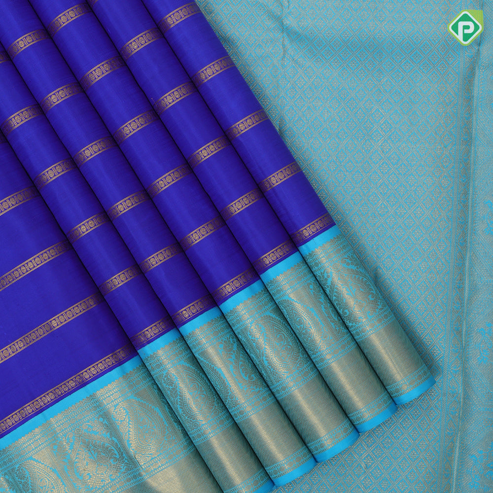 Royal Blue Gold Zari Ruthracham Line Design Aqua Blue Peacock Manga Bavanji Border Design Traditional Silk Saree
