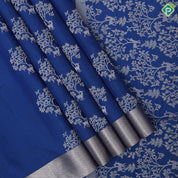 Teal blue silver zari deer plants fancy design self silver zari border soft silk saree