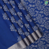 Teal blue silver zari deer plants fancy design self silver zari border soft silk saree