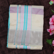 creamy sandal multi color checks design silver zari mayilkan border 8*4 silk dhoti set