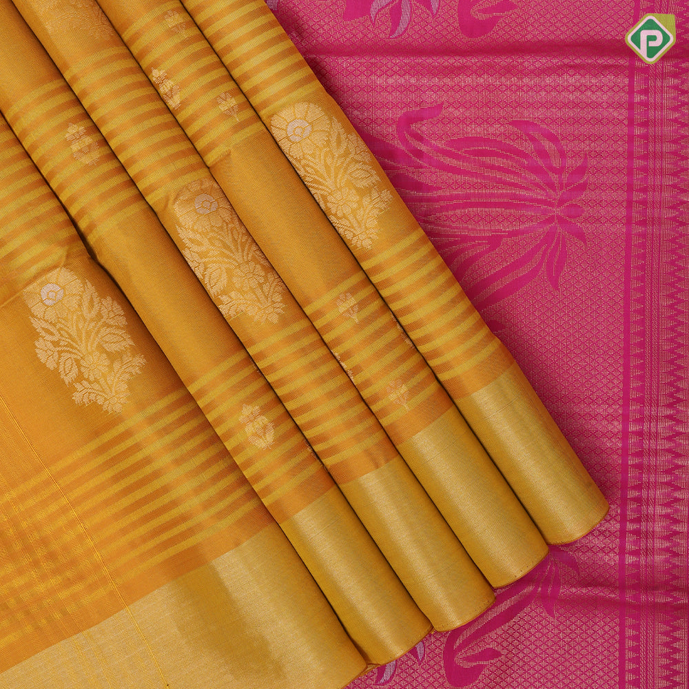 Purple blue gold zari flower bunch design contrast pallu and gold zari border soft silk saree