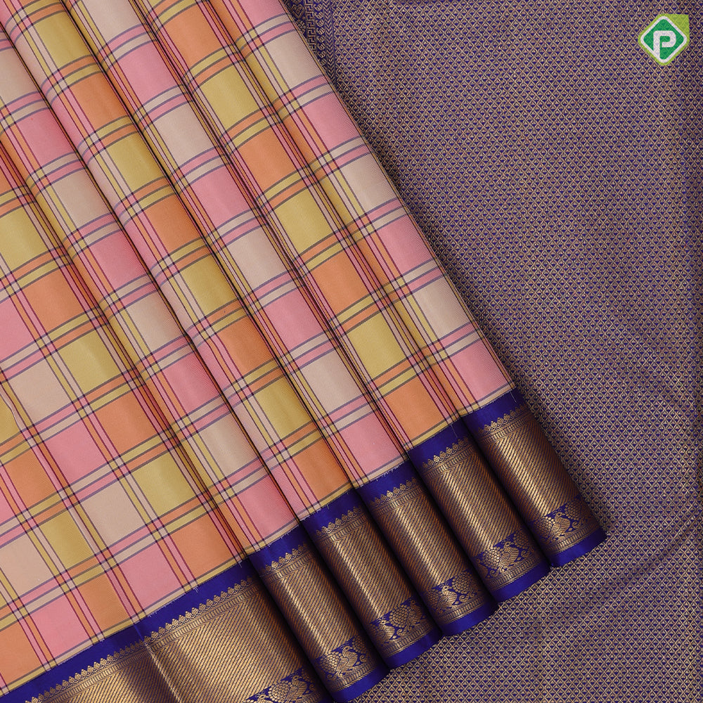 Pastel multi color madras checks design blue gold zari peacock butta gatti border paalum pazhamum silk saree