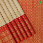 creamy gold gold zari fancy tissue temple design orangish red gold zari multi lines border traditional vintage silk saree