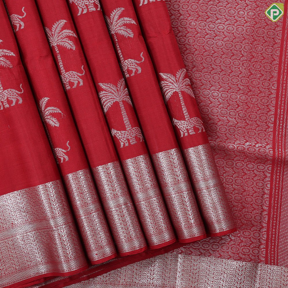 Rani Red silver gold zari leopard under tree butta design self silver gold zari fancy border soft silk saree
