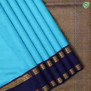 Sky blue plain weaved design royal blue gold zari double line border 9 yards madisar silk saree