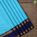 Sky blue plain weaved design royal blue gold zari double line border 9 yards madisar silk saree
