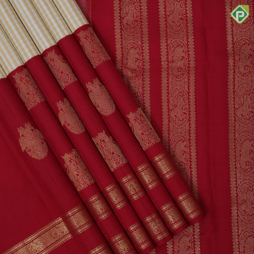 Cream with beige checks body design maroon gold zari butta high three part border concept vintage silk saree