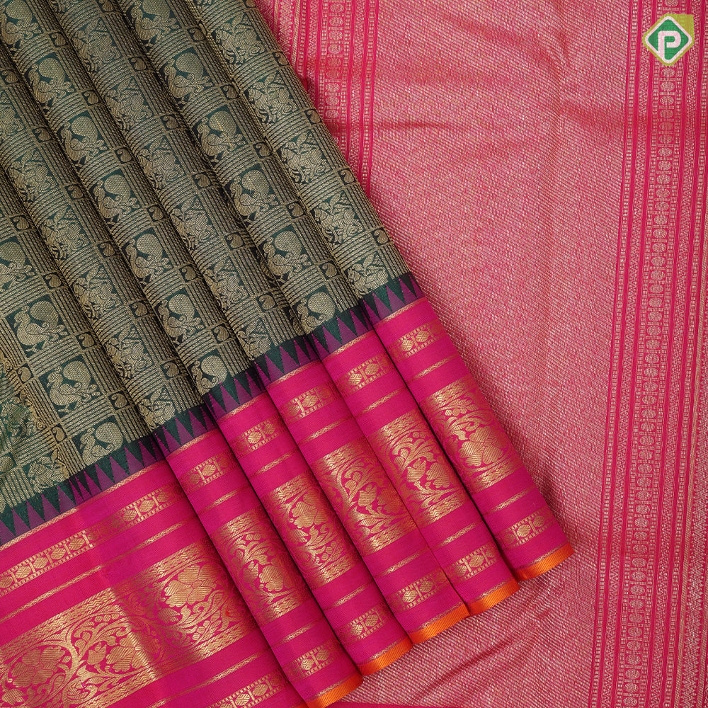 Forest green gold zari flying horse and annam butta checks Pink gold zari rangoli design temple border traditional silk saree