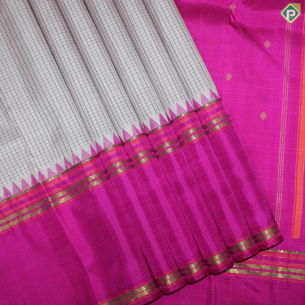 Creamy Peach With Grape Brown Small Checks Contrast Border Traditional Silk Saree