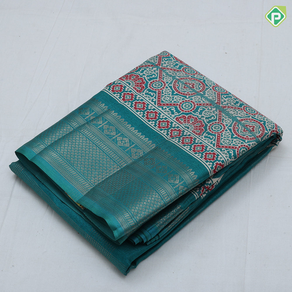 Dark color gold zari groped lined rangoli design padded self gold zari border fancy cotton saree