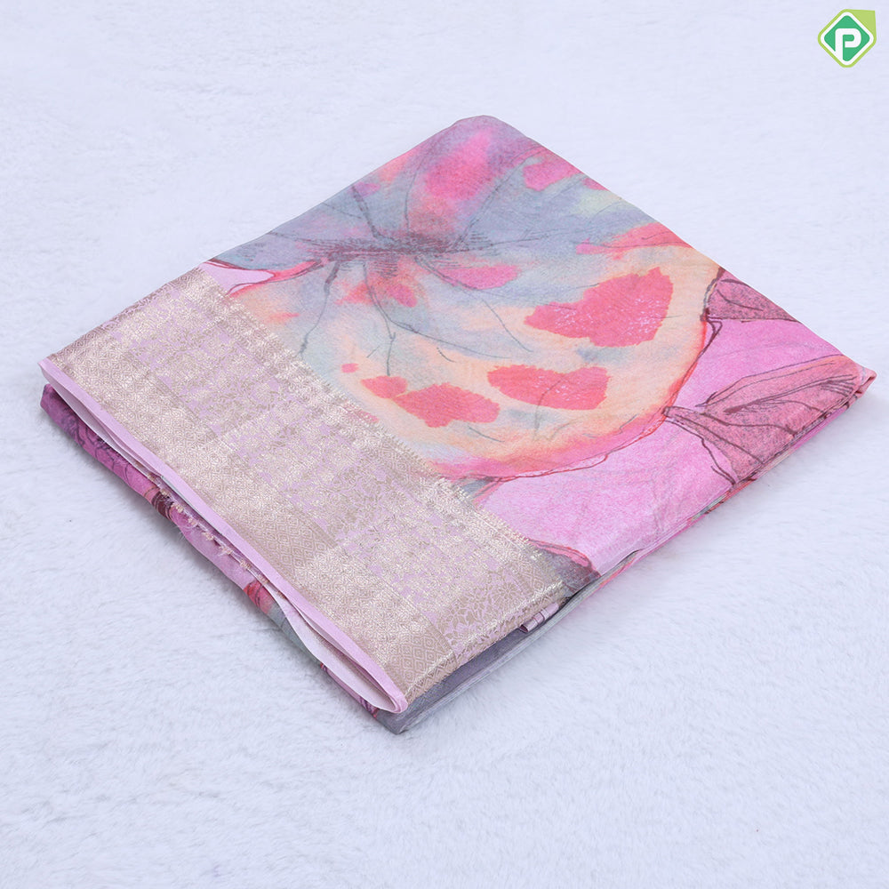 Sea blue base multi color leaf painting design self gold zari floral border fancy cotton saree