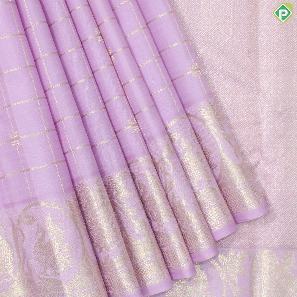 Baby Pink Silver Gold Zari Checks Self Peacock Butta Border Traditional Silk Saree