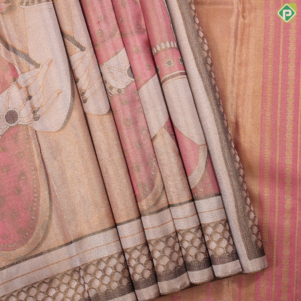 onion pink gold zari Mughal Princess painting weaved design cream mehanthi green border signature edition silk saree