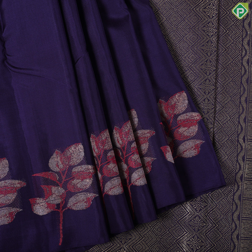 Purple Blue plain weaved design self colorful leaf design border trendy silk saree