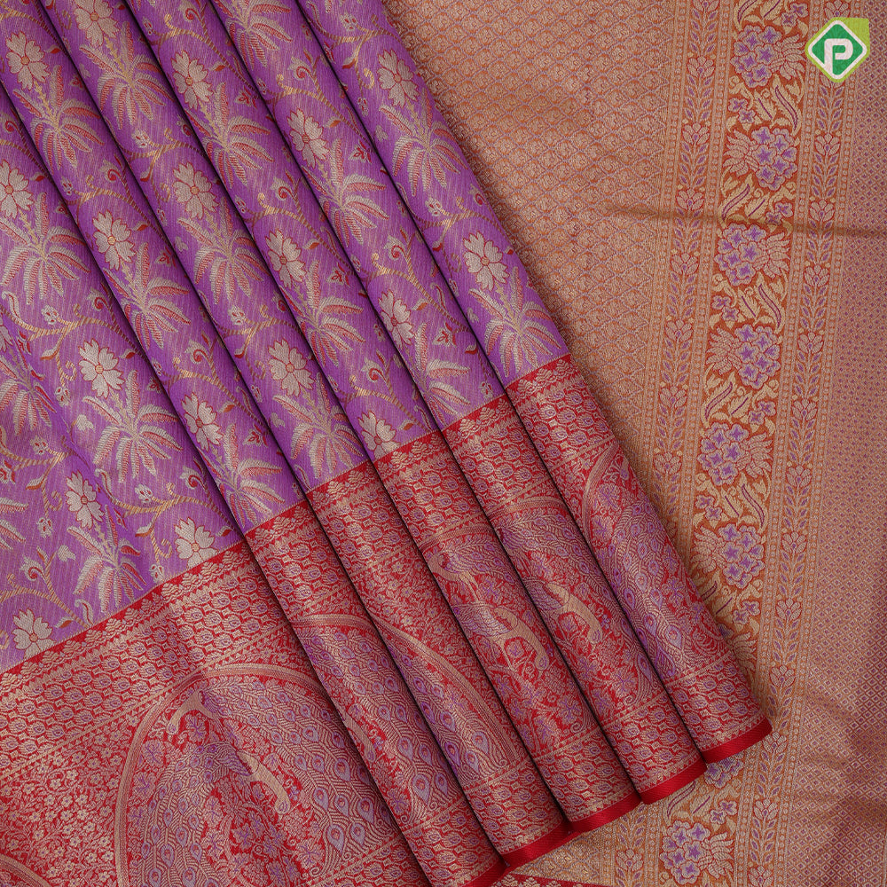Lavender pink gold zari by zari tissue floral design red gold zari double peacock arch design border tissue bridal silk saree
