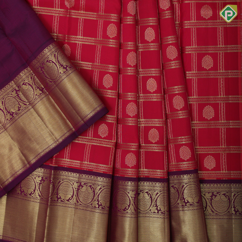 Reddish Pink gold zari tricolor checks butta design purple gold zari rangoli bavanji border pattu paavadai lehanka