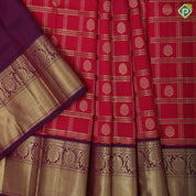Reddish Pink gold zari tricolor checks butta design purple gold zari rangoli bavanji border pattu paavadai lehanka