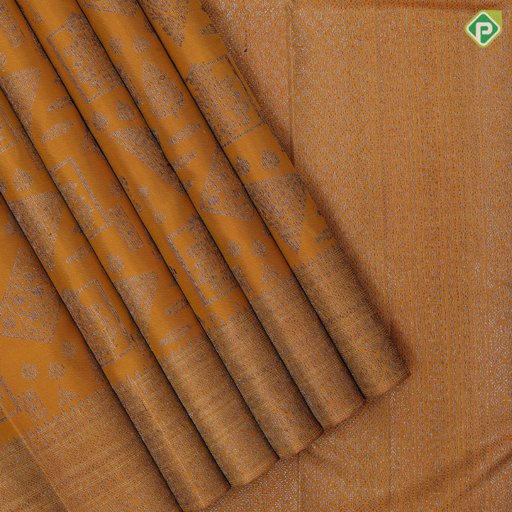 Dark orange neem zari multi shapes design self color multi design lines border self weaved silk saree